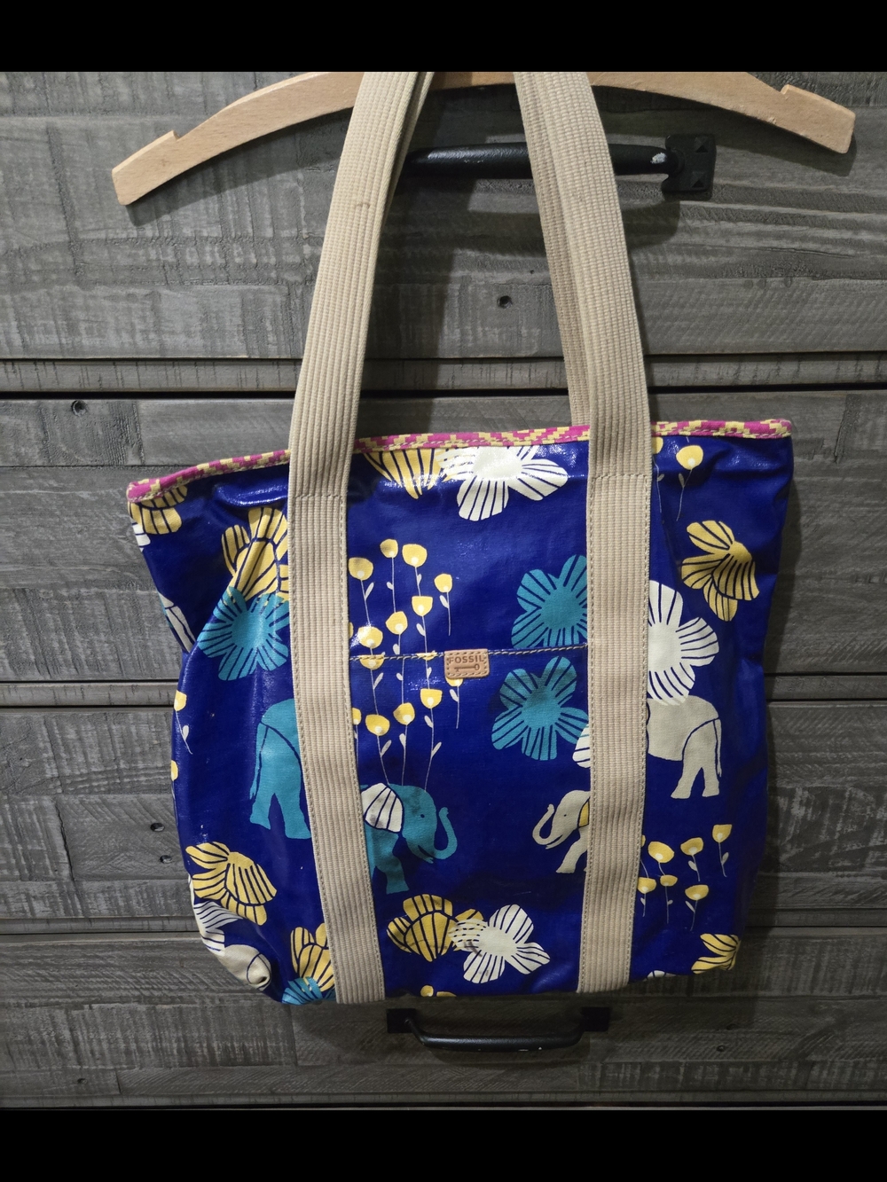 Fossil Key-Per Tote Bag Elephant Floral Print Canvas Beach Bag